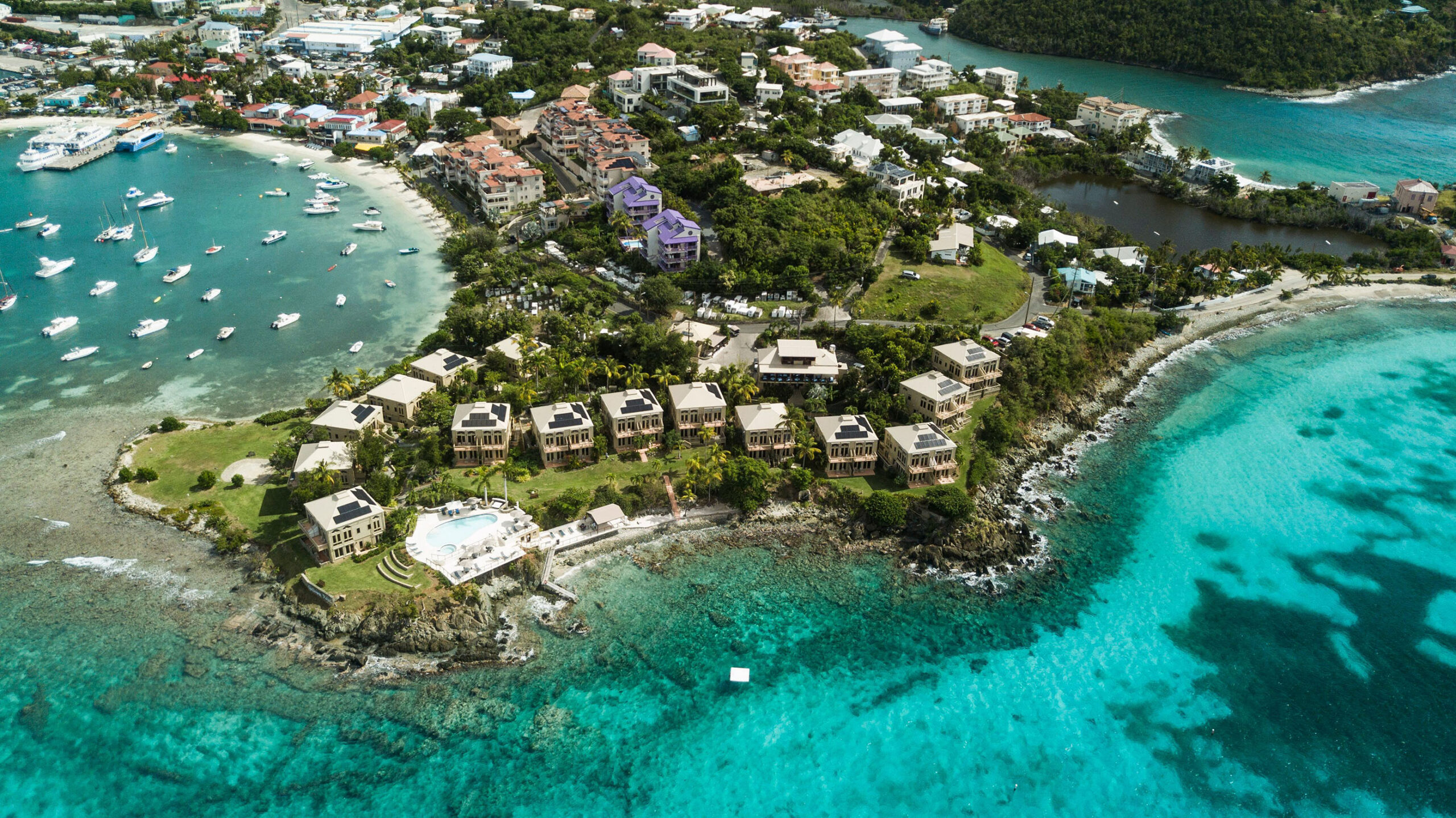 Aerial view of Gallows Point Resort and Cruz Bay, St. John